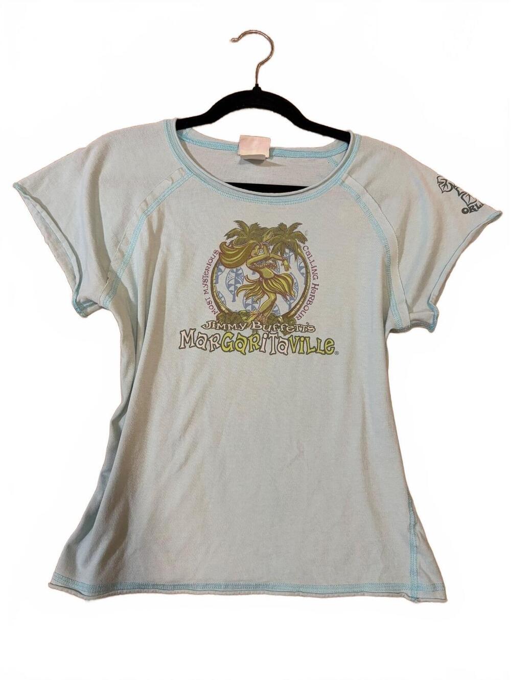 Vintage Margaritaville Orlando Womens Baby Tee Light Blue Raglan Hula Girl